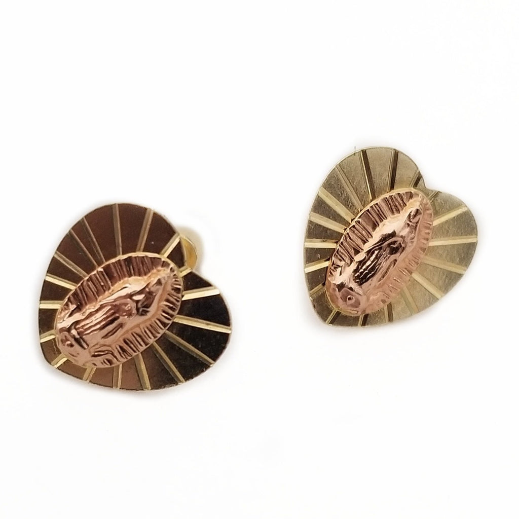 Heart Virgin Mary baby earrings in two tone 14k gold.