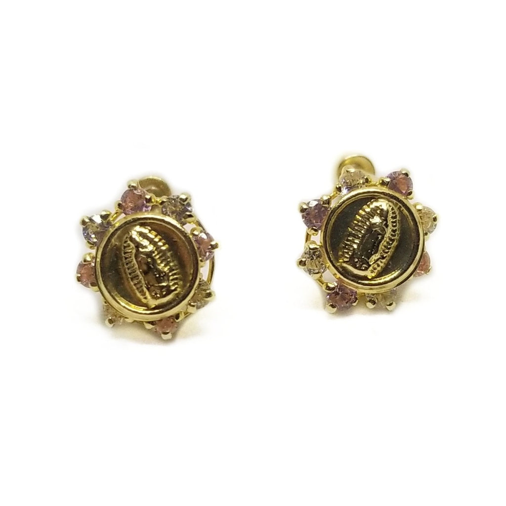 CZ 14k gold baby earrings with Virgin Mary figure.