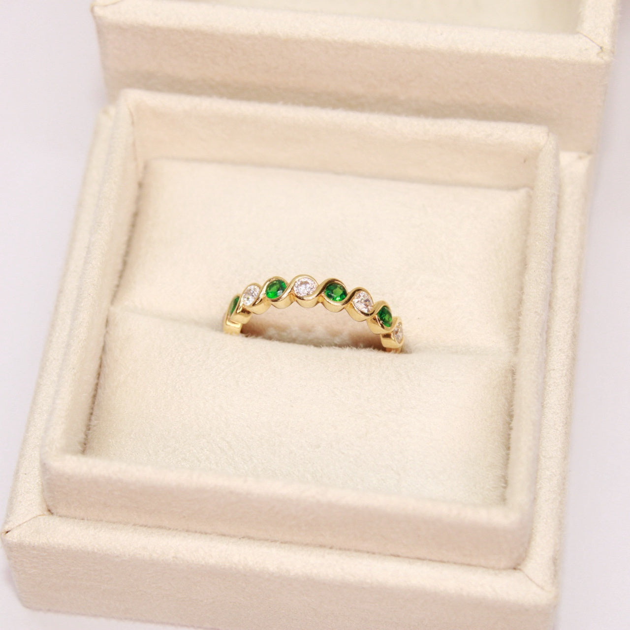 Yellow Gold Anniversary Band with Green and White Cubic Zirconia
