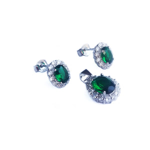 Juego de aretes y dije de plata con circonios verde esmeralda