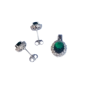 Juego de aretes y dije de plata con circonios verde esmeralda