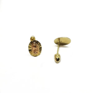 Two tone 14k gold baby earrings with Virgin Mary figure.