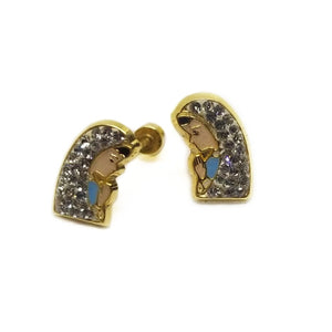 Aretes para bebé con sistema de rosca con figura de la Virgen María de 14k amarillo