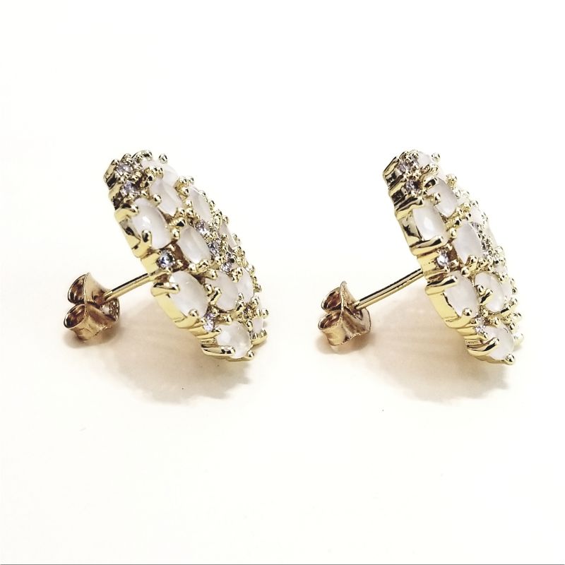 Oval pink crystal, zirconia and 18k gold- plated silver earrings